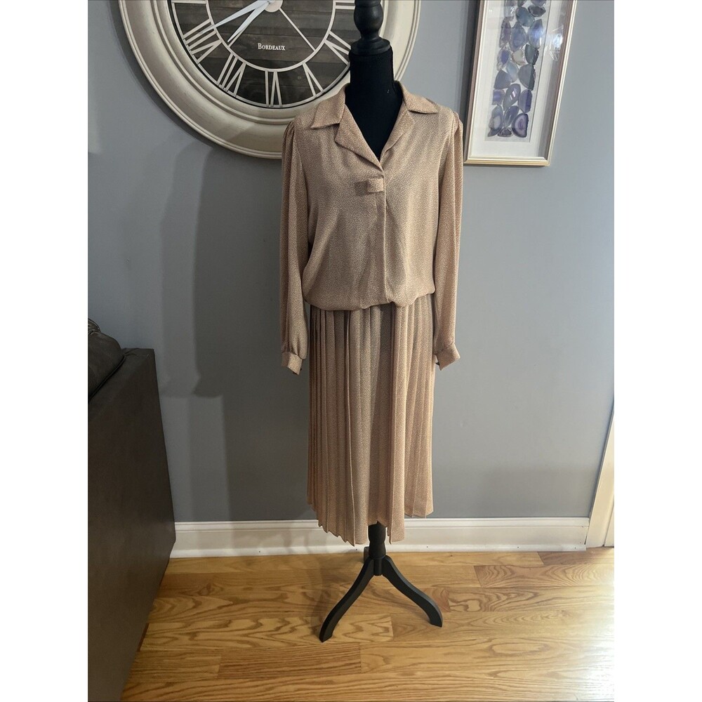 Vintage Breli Dress Size 14 Tan Polka Dots White Polyester